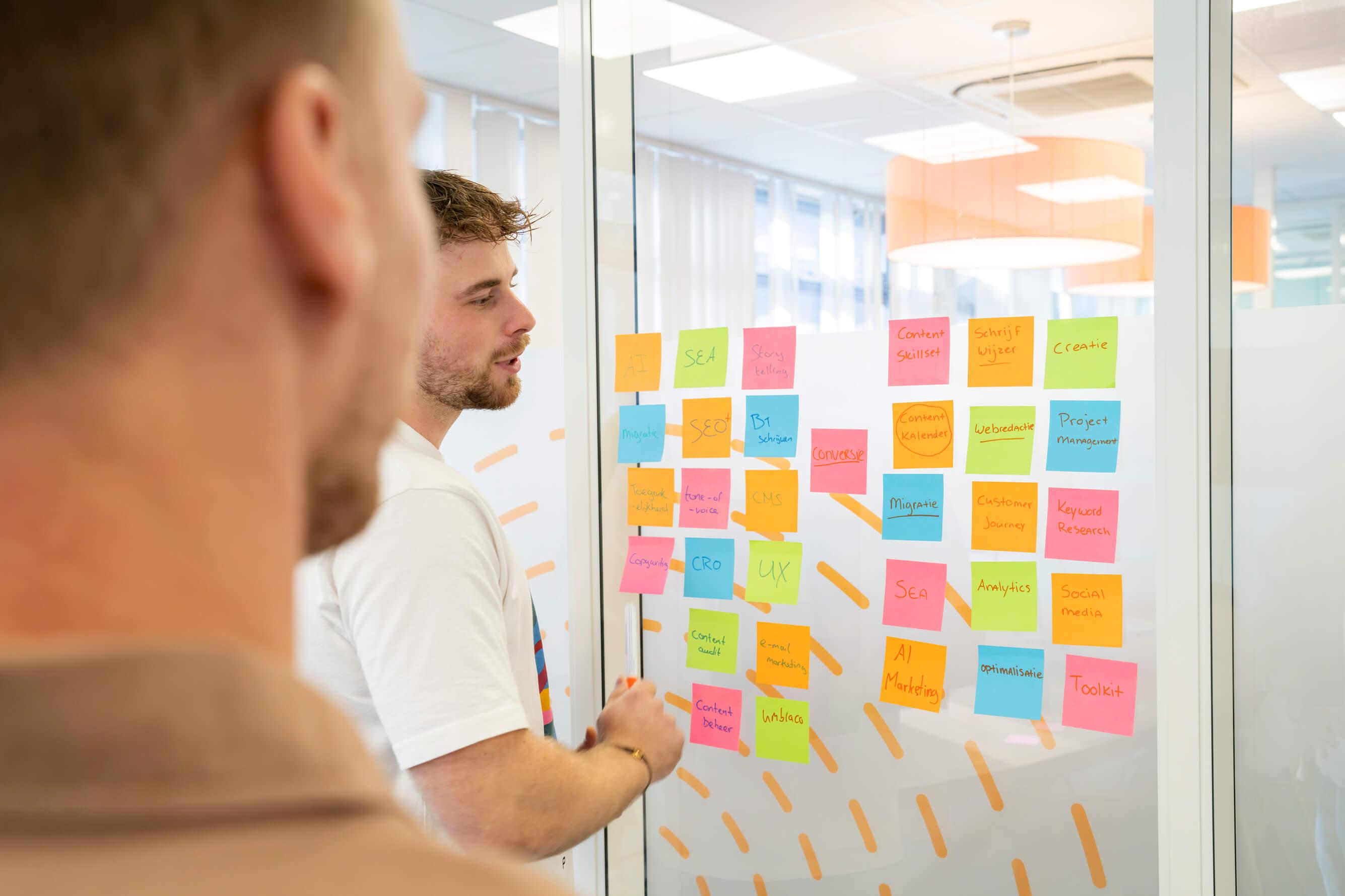 Collega's kijken naar een muur met post-its