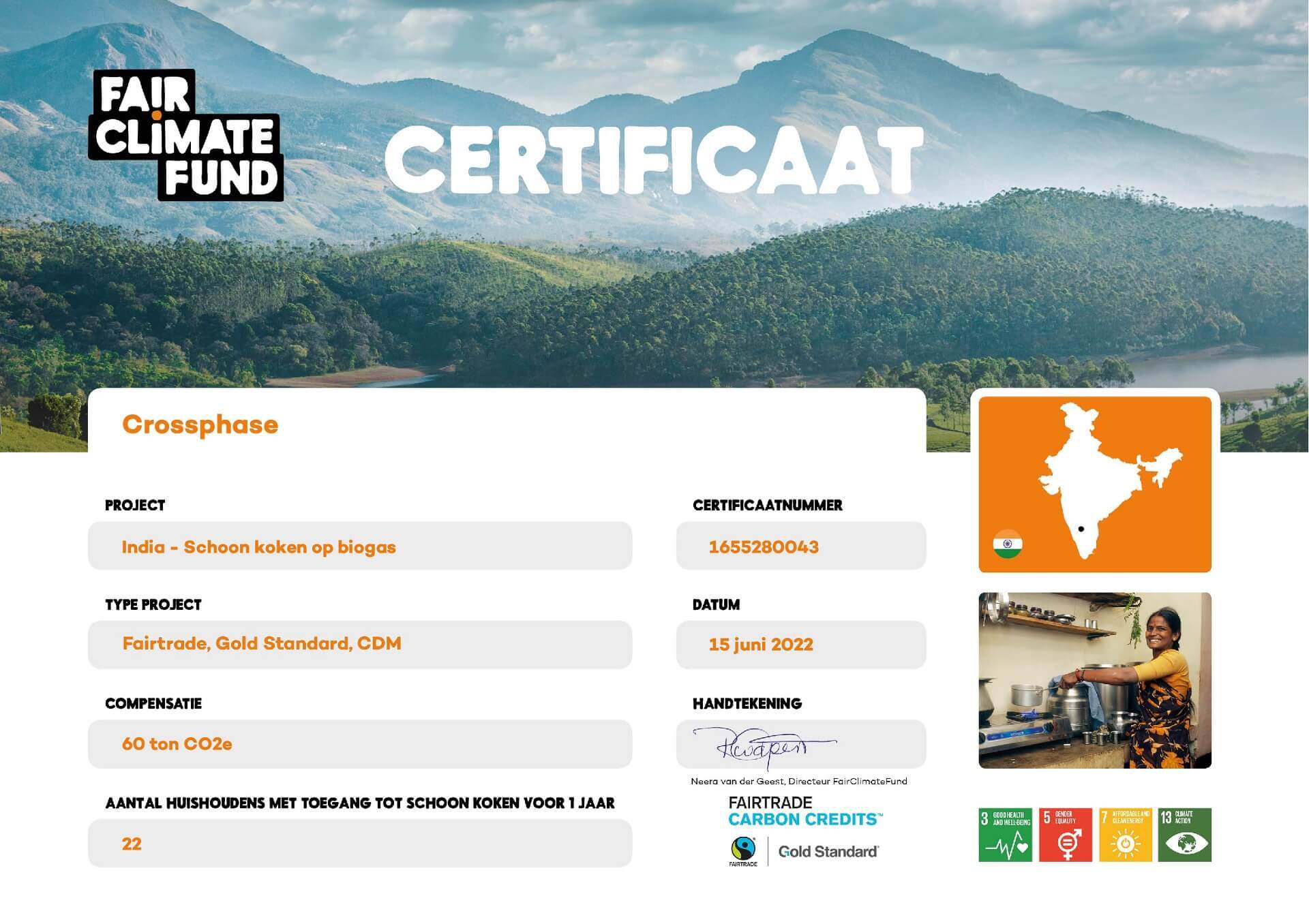 Crossphase ontvangt het Fair Climate Fund certificaat
